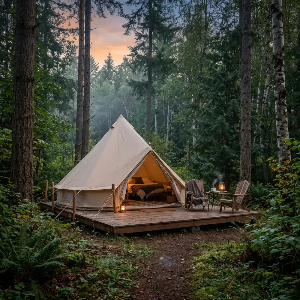 Peaceful glamping tent nestled in the trees at dawn