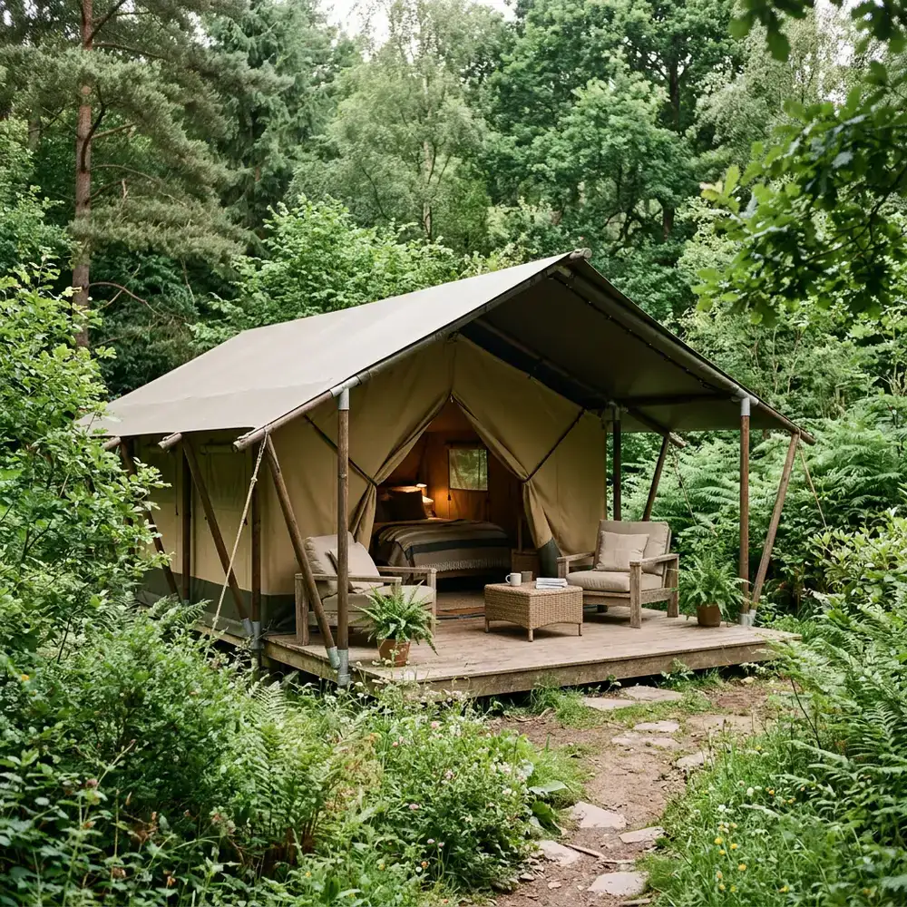 Luxury tent exterior nestled in lush greenery