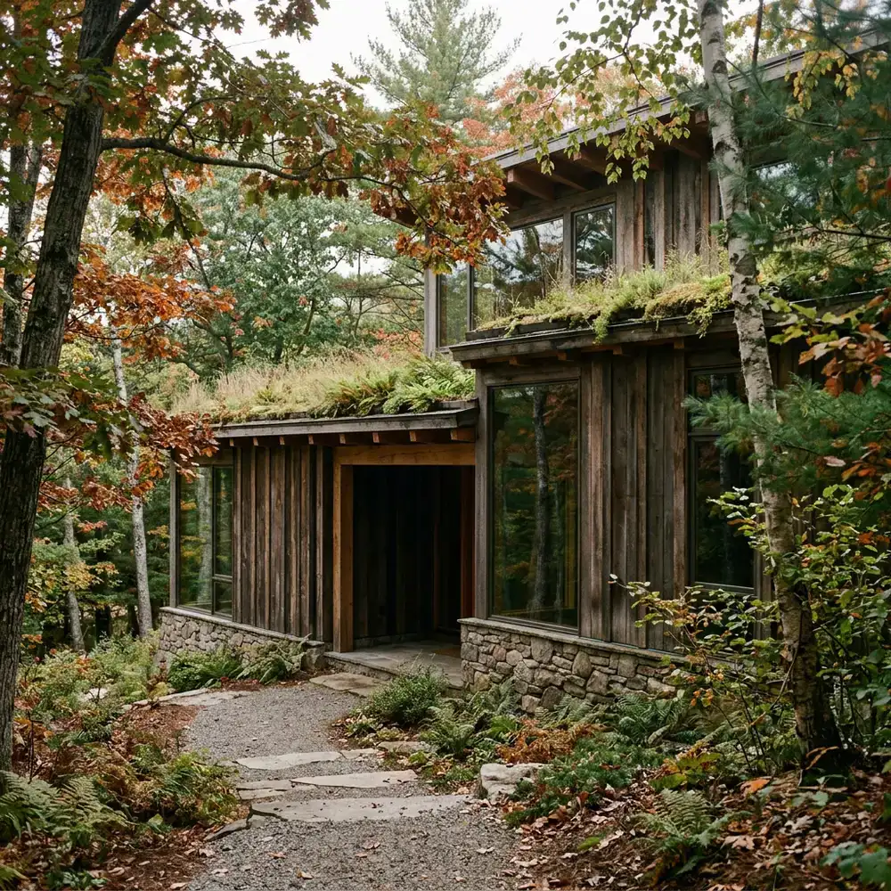 Detail of sustainable architecture blending into natural woods