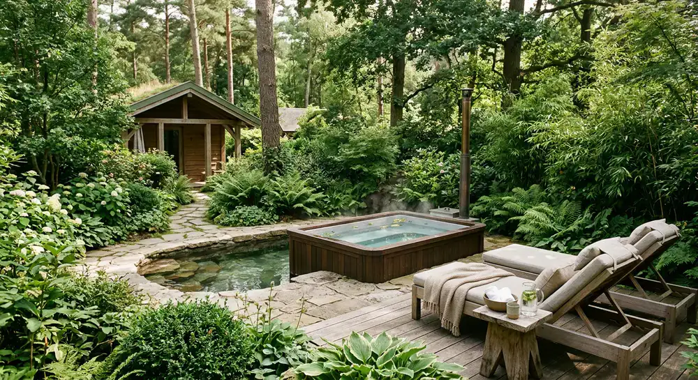 A tranquil private spa area surrounded by greenery
