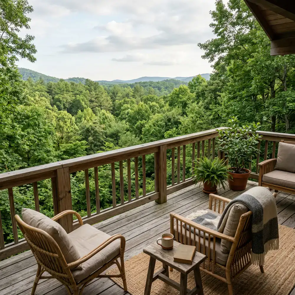 A serene deck overlooking the forest canopy