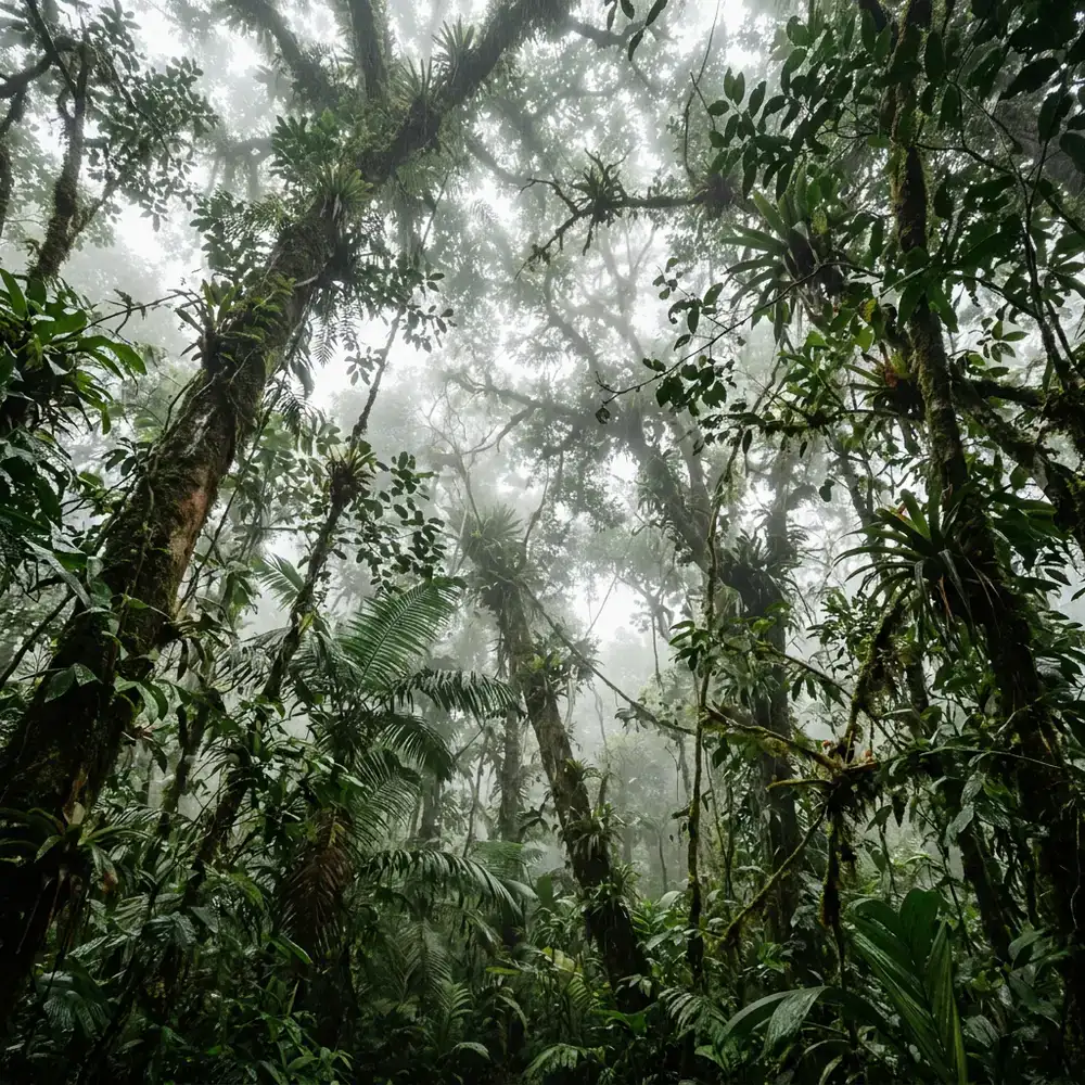 Looking up at the dense, misty rainforest canopy