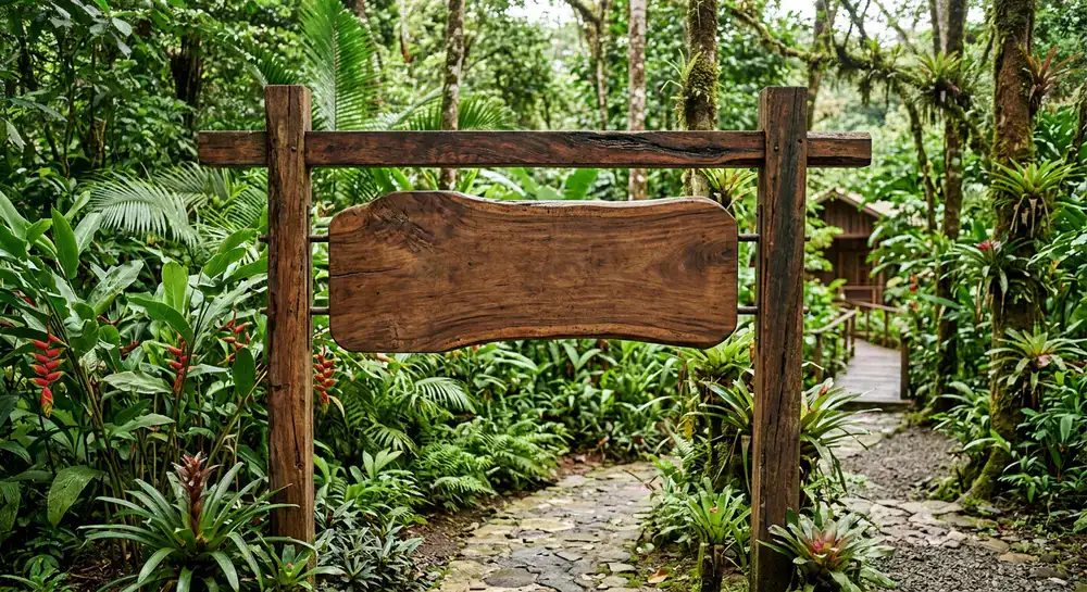 Elegant wooden signage at the entrance of the rainforest retreat