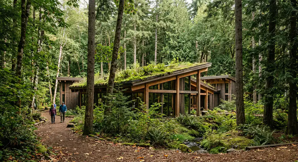 Sustainable timber structures blending into the woods