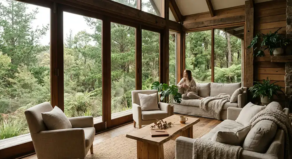 Natural light filtering through large glass windows of the retreat