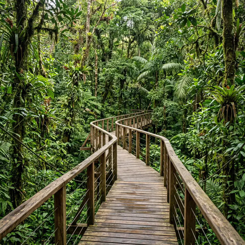 Elevated timber walkway through the dense rainforest canopy