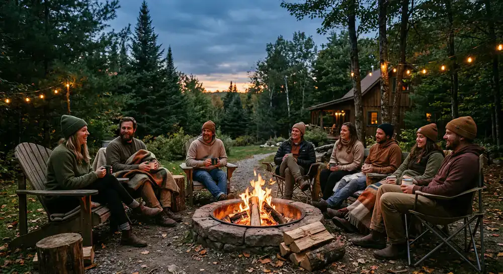 Evening campfire gathering with cozy seating