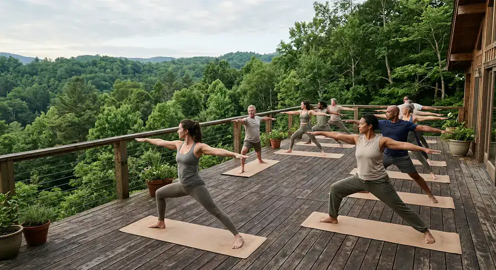 Guests practicing yoga on a wooden deck overlooking the forest