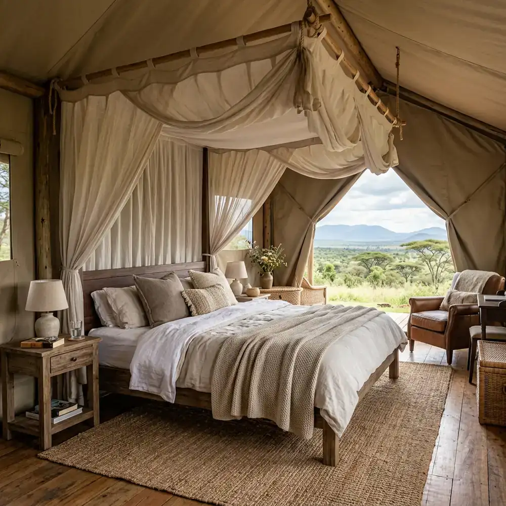 Interior of a luxury canopy tent with a plush king bed