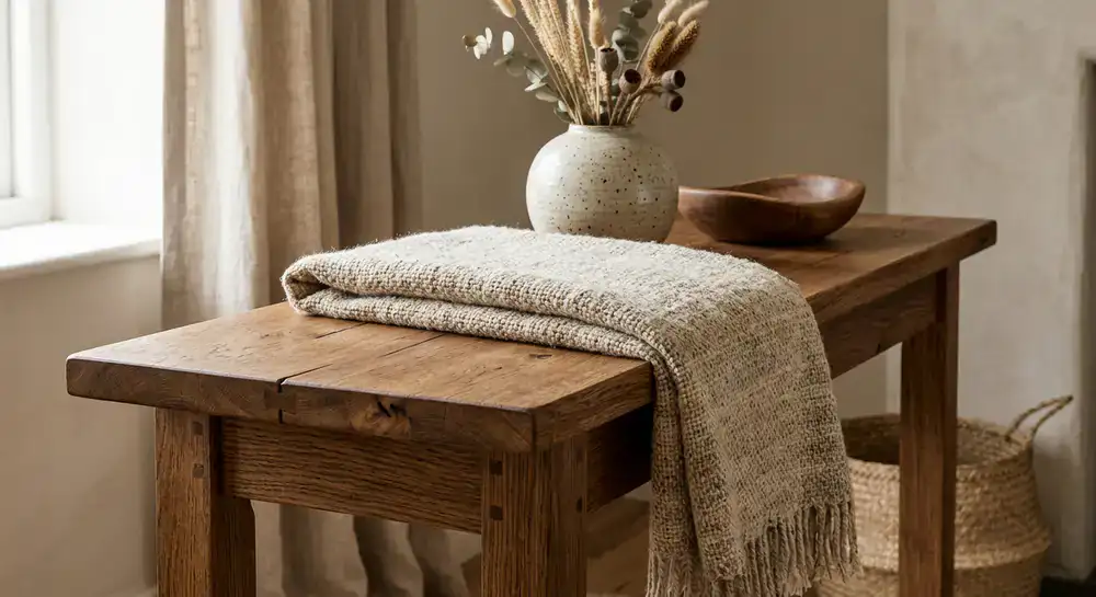 Detail shot of bespoke wooden furniture and organic textiles
