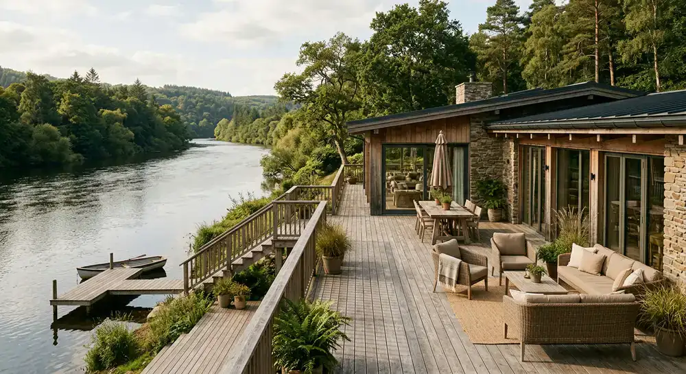 Riverfront villa with an expansive wooden deck