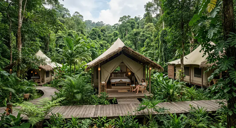 Lush rainforest surrounding luxury glamping tents
