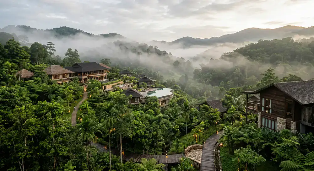 Morning mist rolling over the lush eco-luxury sanctuary