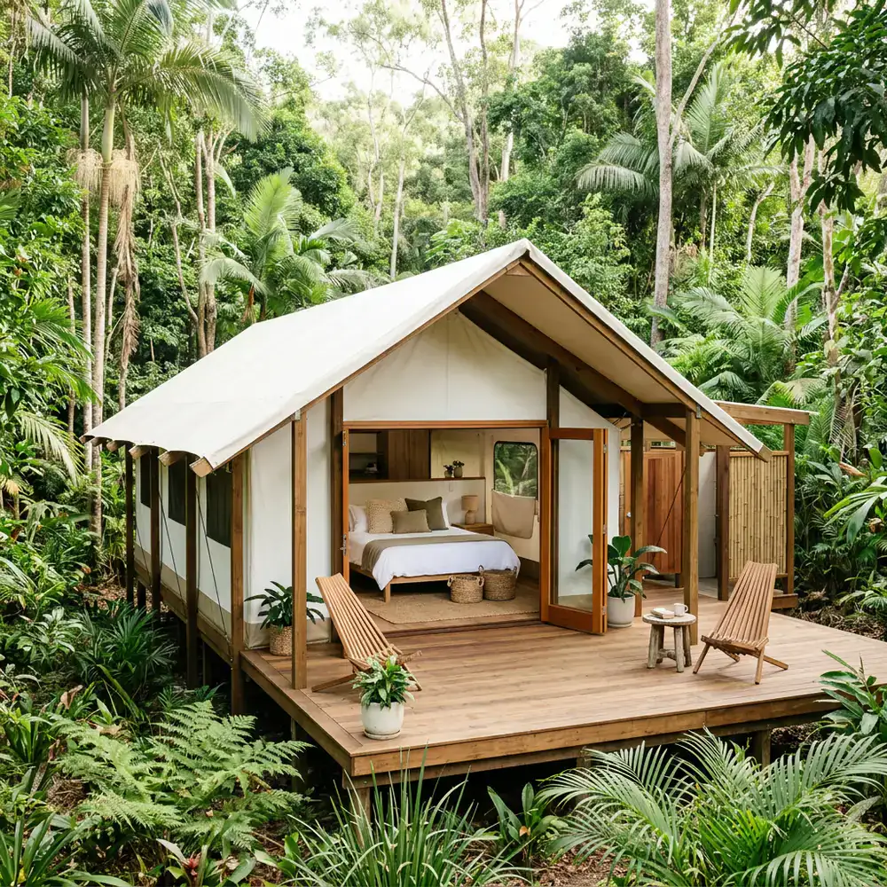 Bright and airy glamping lodge amidst lush rainforest