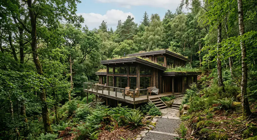 Wooden eco-villa surrounded by dense forest